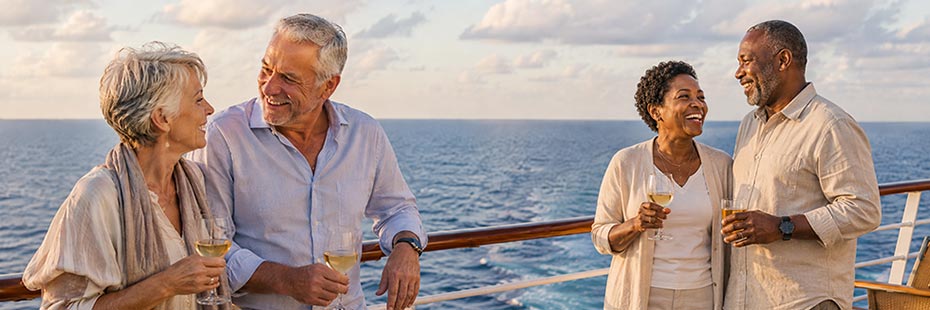 Senior travelers relax together beside a cruise ship railing while enjoying panoramic ocean views