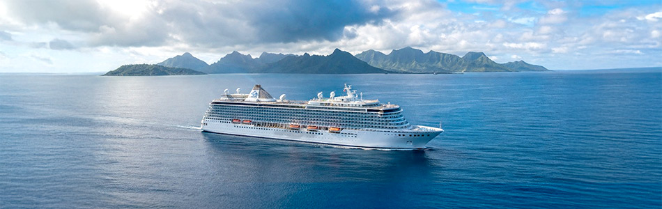 Cruise ship sailing away from inclement weather.